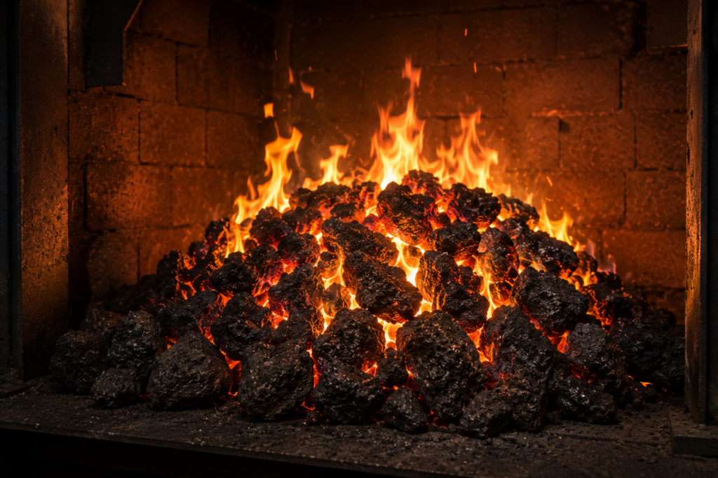 Petroleum Coke or Petcoke fire burning.